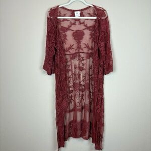 Grace & Emma Rust Lace Floral Short Sleeve Sheer Duster/Kimono